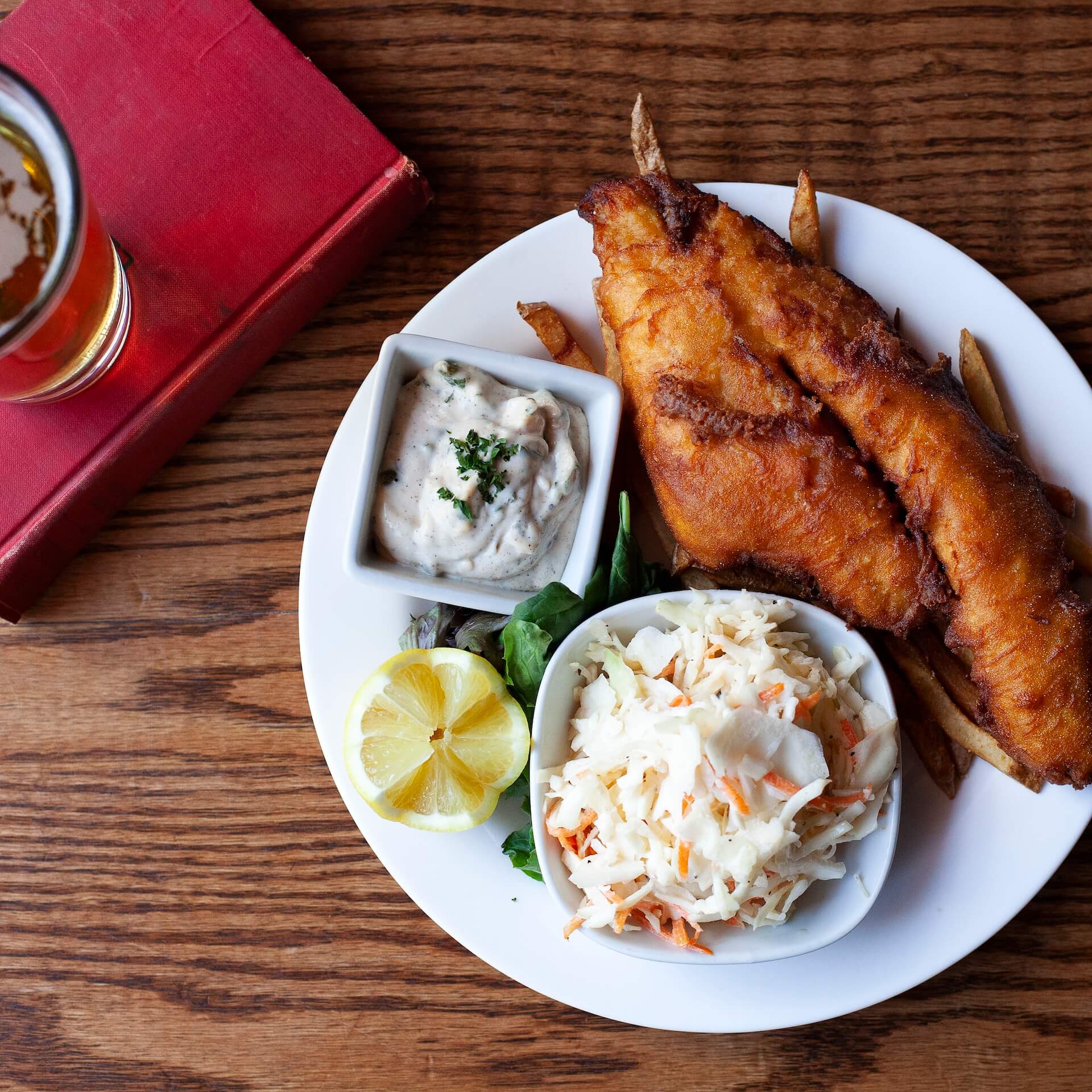 Fish and chips with beer, square